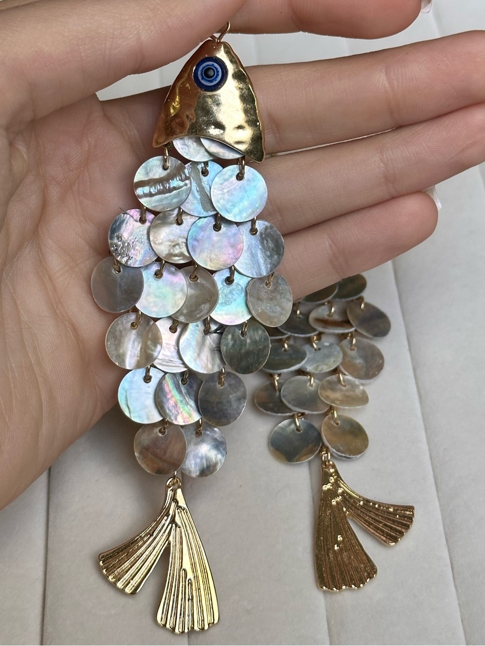 Gold Fish Shell Disc Dangle Earrings - Picture 4 of 7